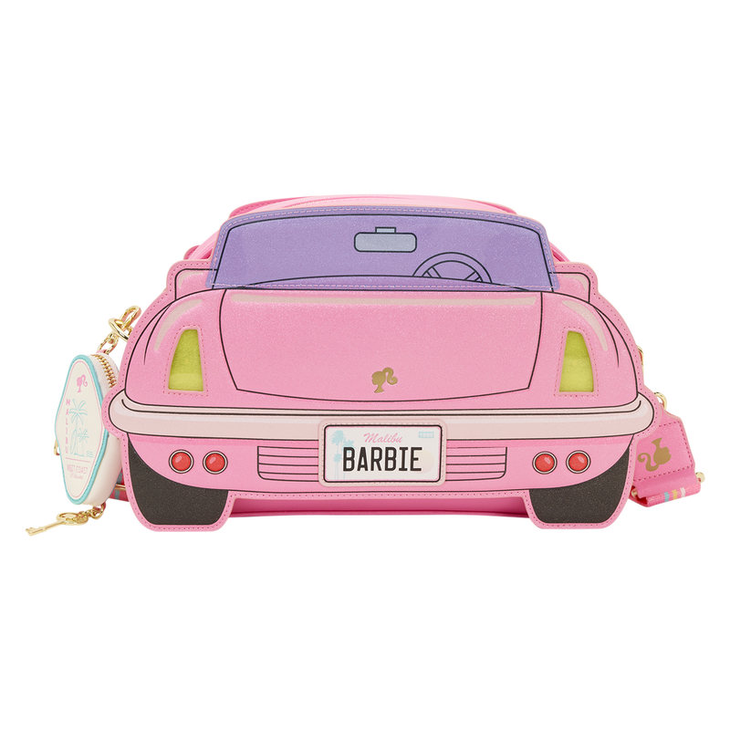 Pink car-shaped bag with 'Barbie' license plate on a white background
