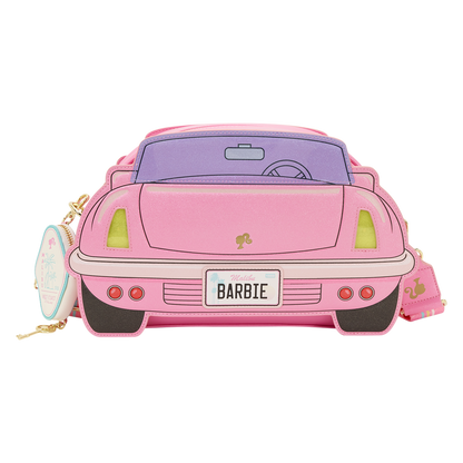 Pink car-shaped bag with 'Barbie' license plate on a white background