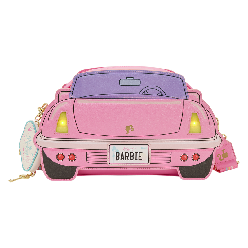 Pink car-shaped purse with 'Barbie' branding on a white background