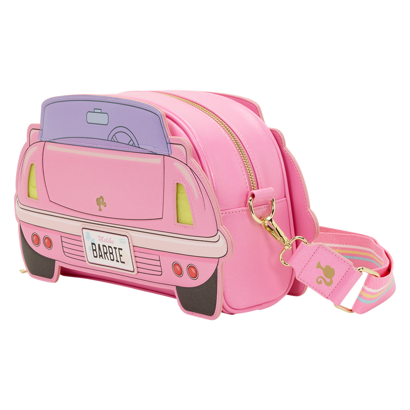 Pink car-shaped bag with a visible 'Barbie' license plate on a white background