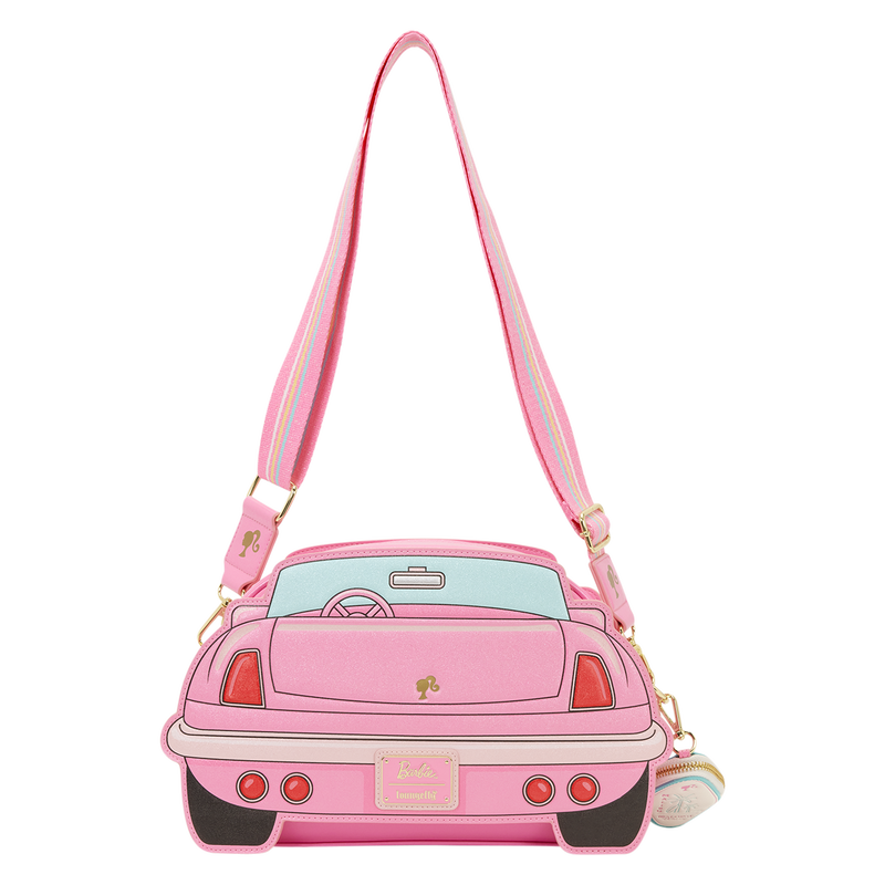 Pink car-shaped handbag with a white background