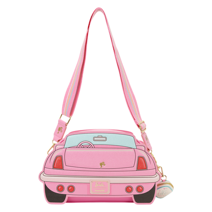 Pink car-shaped handbag with a white background