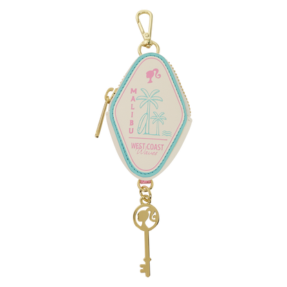 Keychain with palm tree design and 'Malibu' text on a white background