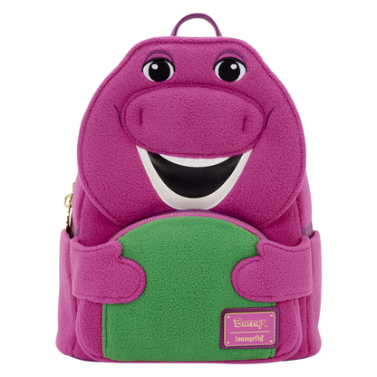 Pink dinosaur-shaped backpack with a green belly on a white background