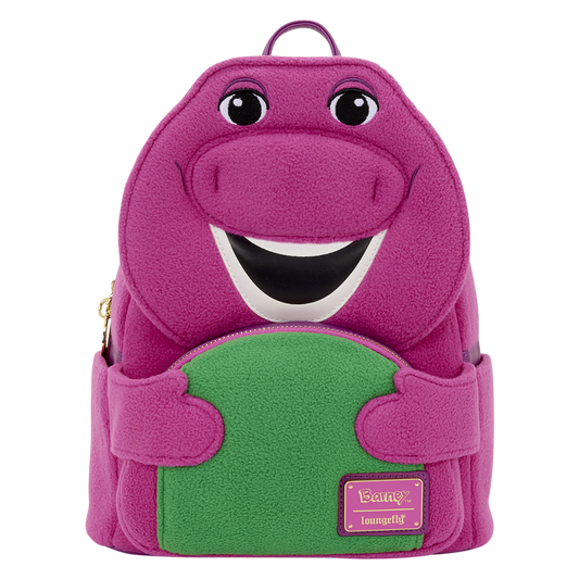 Pink dinosaur-shaped backpack with a green belly on a white background