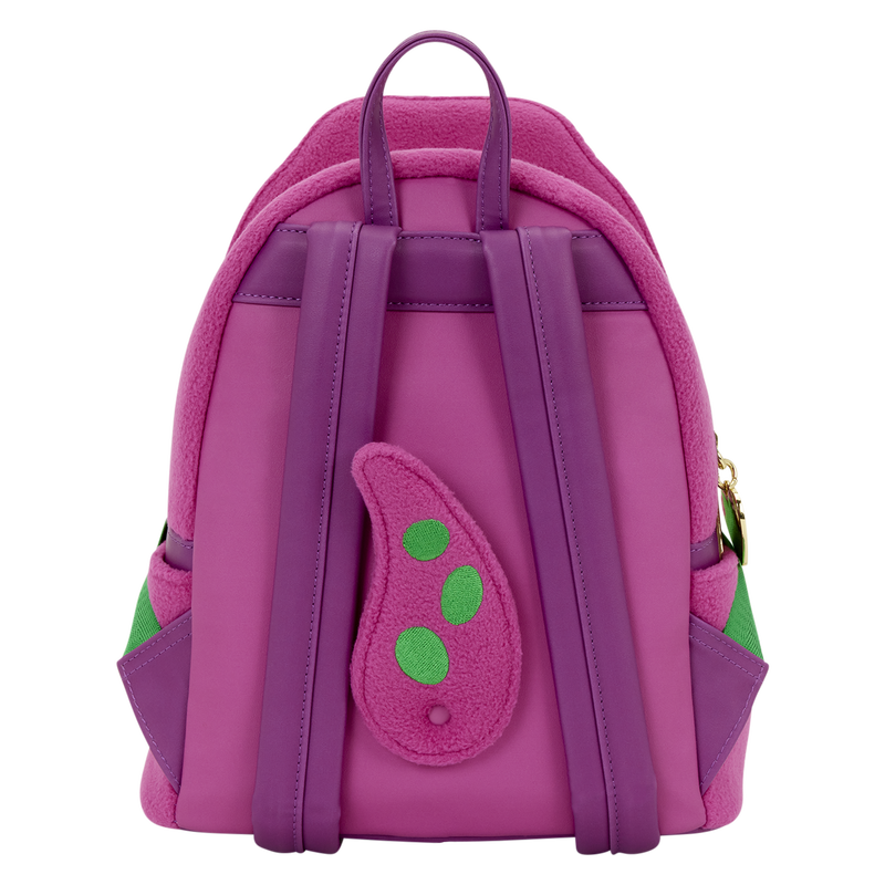 Pink and purple backpack with green accents on a white background