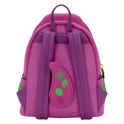 Pink and purple backpack with green accents on a white background