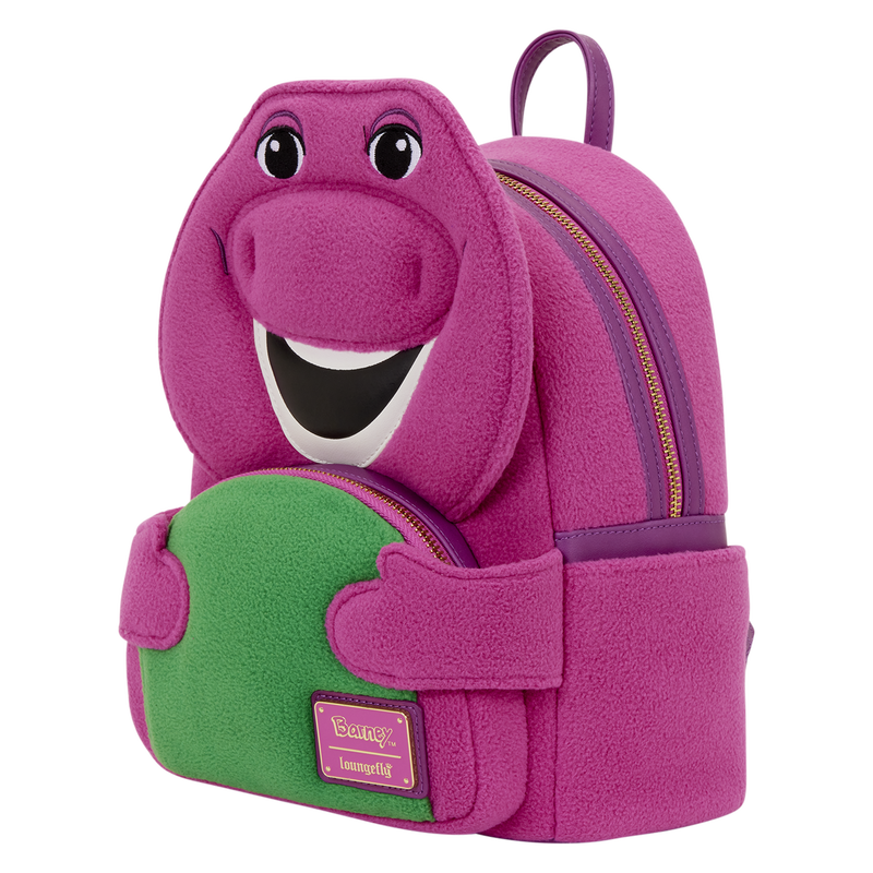 Pink backpack with cartoon character face on a white background