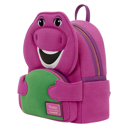 Pink backpack with cartoon character face on a white background