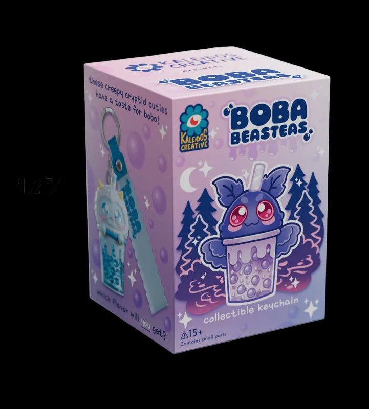 Box of Boba Beastes collectible keychain with dimensions and branding details.