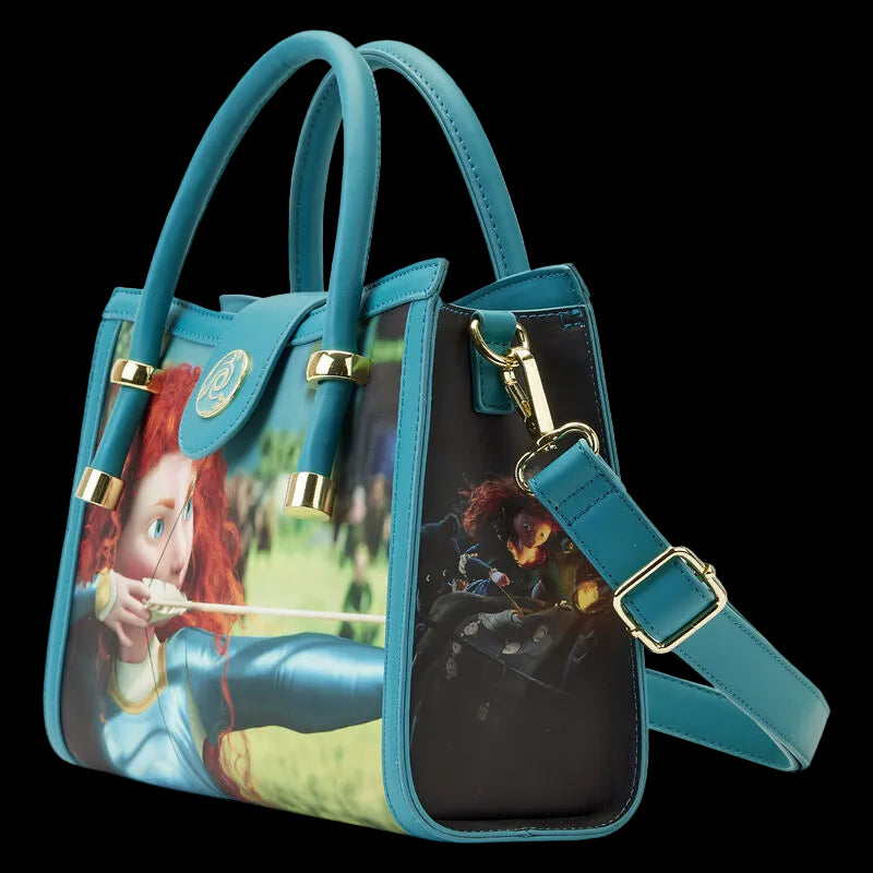Teal handbag with character print on a white background