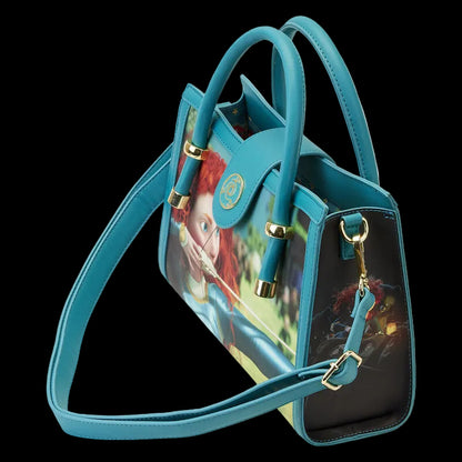 Blue handbag with a character design on a white background