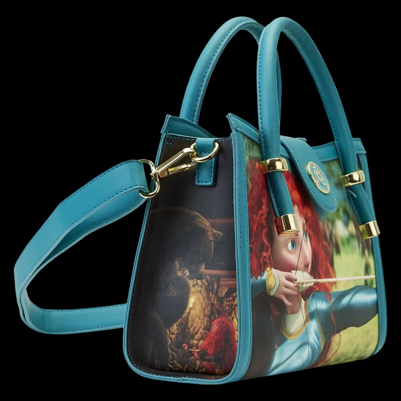 Blue handbag with a character design on a white background