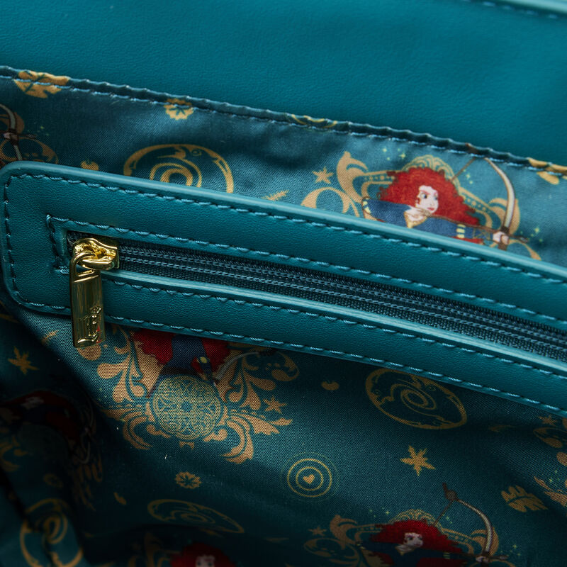 Close-up of a blue bag with a zipper and decorative patterns featuring characters.