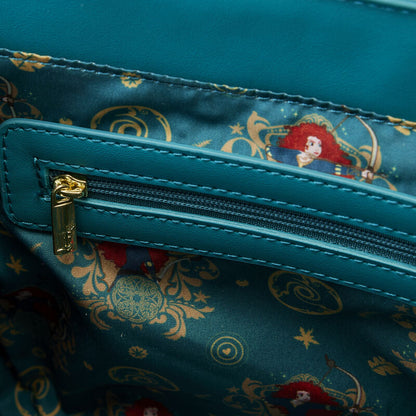 Close-up of a blue bag with a zipper and decorative patterns featuring characters.