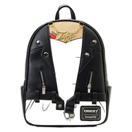 Backpack with a design inspired by a character from a movie, featuring black leather-like material and white accents.