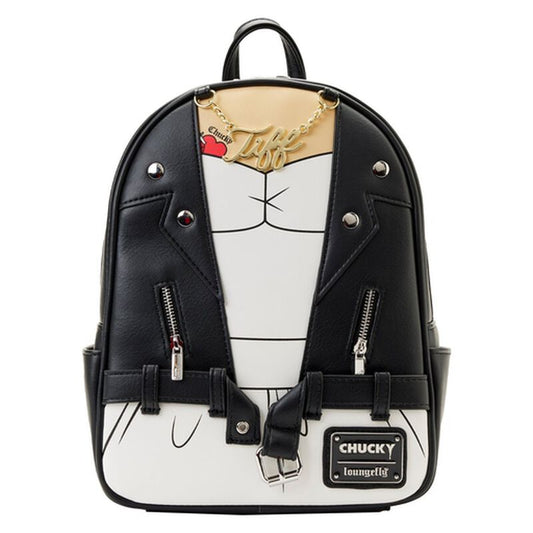 Backpack with a design inspired by a character from a movie, featuring black leather-like material and white accents.