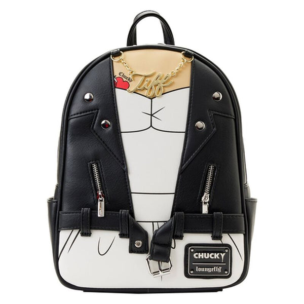 Backpack with a design inspired by a character from a movie, featuring black leather-like material and white accents.