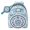 Backpack with decorative blue patterns and a matching hand mirror on a white background