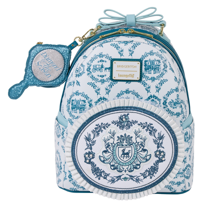 Backpack with decorative blue patterns and a matching hand mirror on a white background