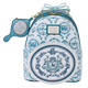 Backpack with decorative blue patterns and a matching hand mirror on a white background