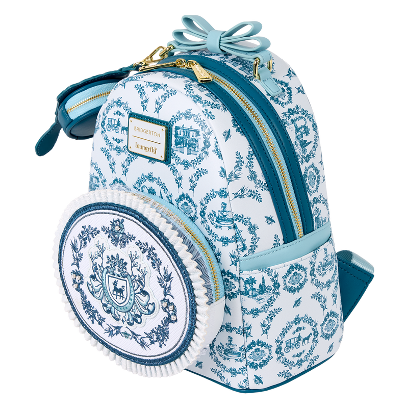 Small backpack with blue and white pattern on a white background