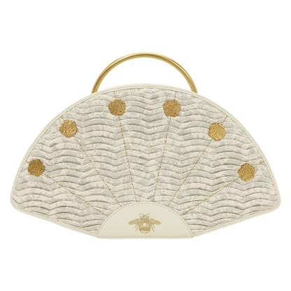 Beige handbag with gold accents and a bee emblem on a white background