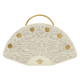 Beige handbag with gold accents and a bee emblem on a white background