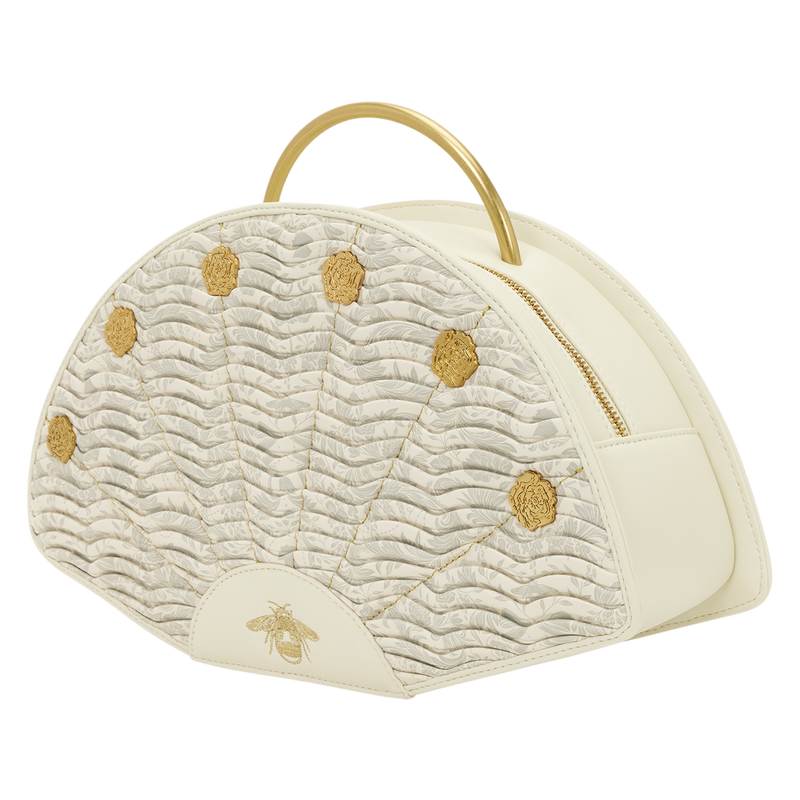 Cream-colored handbag with gold accents on a white background