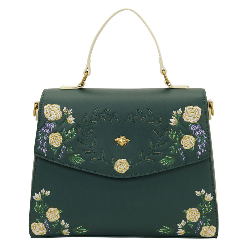 Green handbag with floral embroidery on a white background