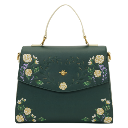 Green handbag with floral embroidery on a white background