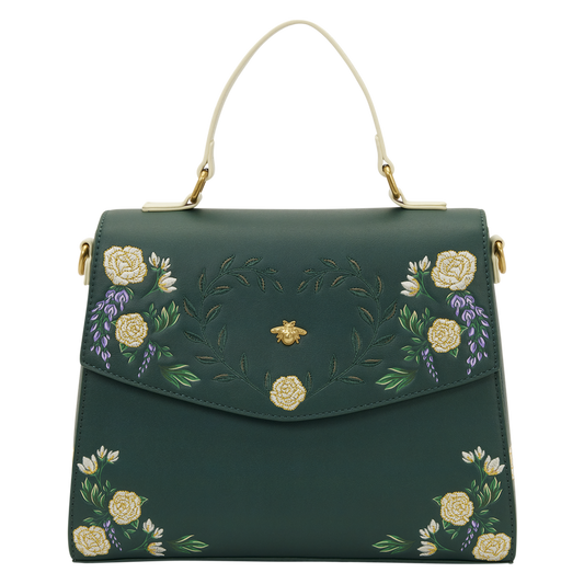 Green handbag with floral embroidery on a white background