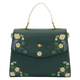 Green handbag with floral embroidery on a white background