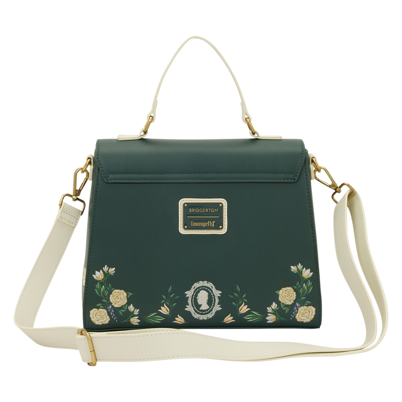 Green handbag with floral embroidery and a visible brand logo on a white background