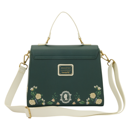 Green handbag with floral embroidery and a visible brand logo on a white background