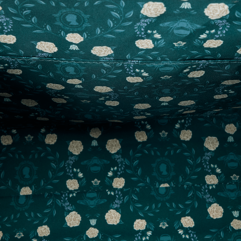 Dark green fabric with white floral pattern