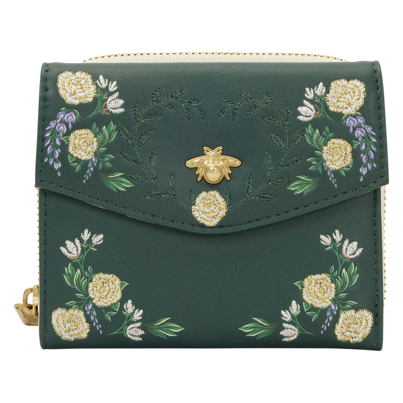 Green wallet with floral embroidery and a bee design on a white background