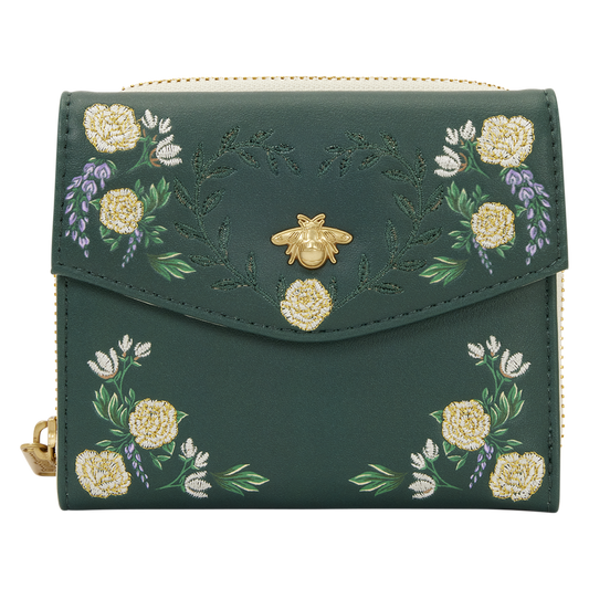 Green wallet with floral embroidery and a bee design on a white background