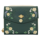 Green wallet with floral embroidery and a bee design on a white background