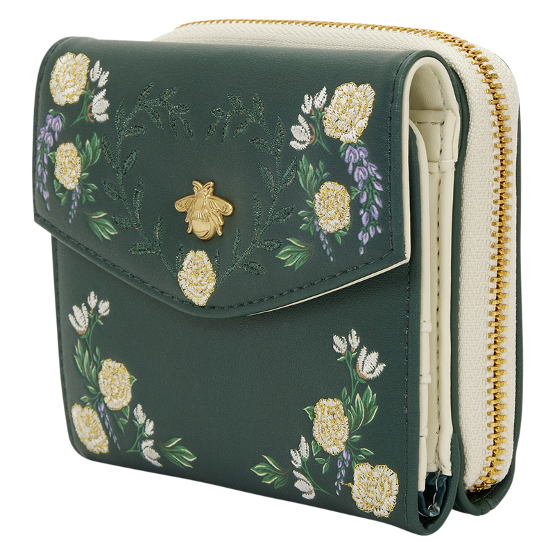 Green wallet with floral embroidery and a bee design on a white background