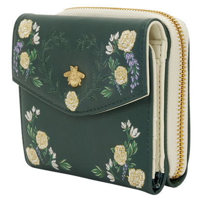 Green wallet with floral embroidery and a bee design on a white background