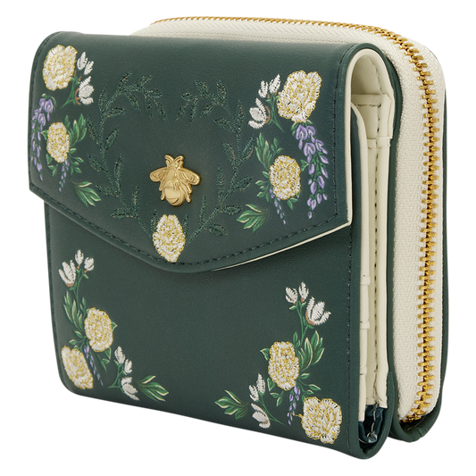 Green wallet with floral embroidery and a bee design on a white background