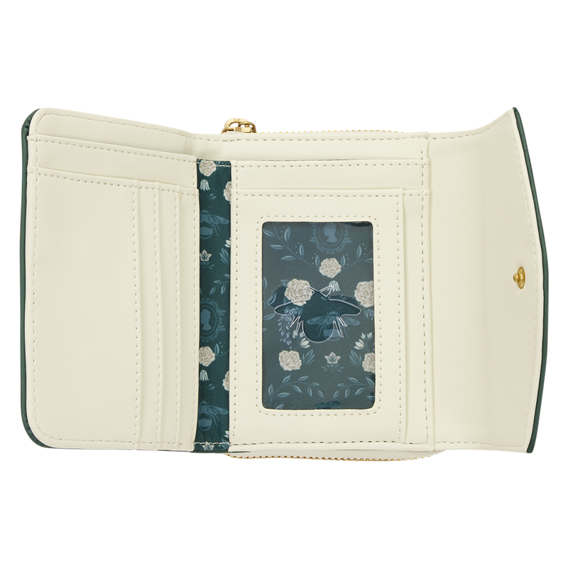 Open beige wallet with floral lining on a white background