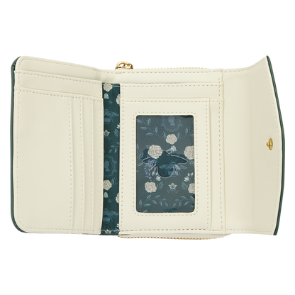 Open beige wallet with floral lining on a white background