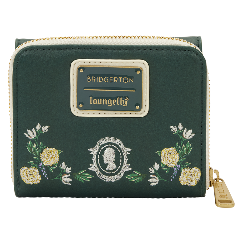 Green wallet with floral embroidery and 'Bridgerton' branding on a white background