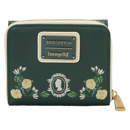 Green wallet with floral embroidery and 'Bridgerton' branding on a white background