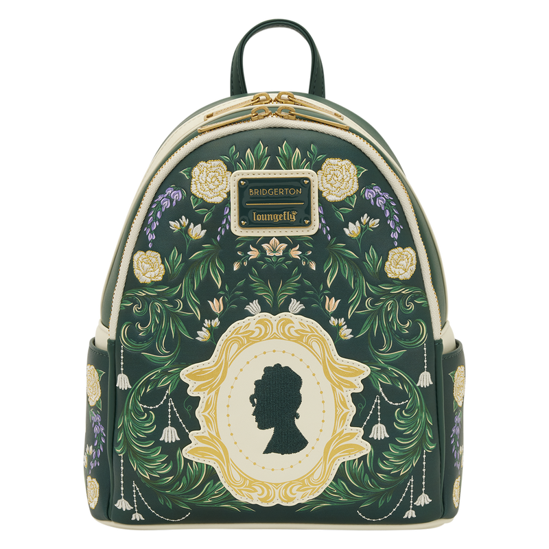 Backpack with floral design and silhouette of a woman on a white background