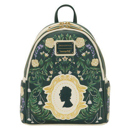 Backpack with floral design and silhouette of a woman on a white background