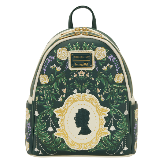 Backpack with floral design and silhouette of a woman on a white background