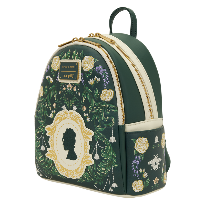 Green backpack with floral and silhouette design on a white background